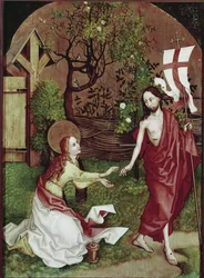 Noli me Tangere. Martin Schongauer (1453-1491) festménye, tempera fára. Colmar, Unterlinden Múzeum