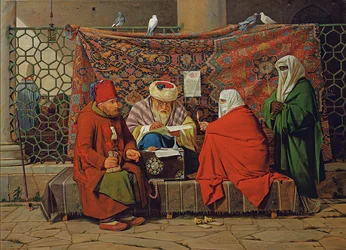 Egy török közjegyző házassági szerződést köt a Kilic Ali pasa mecset előtt, Tophane, Konstantinápoly
