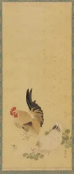 Kakas, tyúk és csibe, Edo-kor, 18. század.