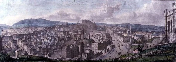 Kilátás a Calton-hegy tetejéről a Nelson-emlékmű mellől nyugatra, William Westall (1781-1850) metszete és Charles Joseph Hullmandel (1789-1850) 1828-as nyomtatása (színes metszet).