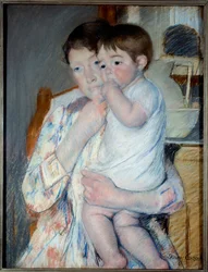 Nő és gyermek egy tablet előtt, ahol egy lekvár és egy tál van elhelyezve. Mary Cassatt festménye (1844-1926) Ec. Am
