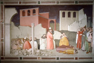 A szilveszter epizódjai: I. Szent Szilveszter pápa (Silveszter vagy Silvestro) (314-335) bezárja a sárkány száját (balra), és a sárkány leheletével feléleszt két varázsteraszt (I. Szilveszter pápa elfordítja a sárkányt és feléleszt áldozatai) – Fre