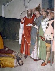 A szilveszter epizódjai: I. Szent Szilveszter pápa (Silveszter vagy Silvestro) (314-335) két mágust nevel (Szent Szilveszter két mágust nevel) Maso di Banco freskója (1341-1346 körül ismert) 14. századi Firenze, Chiesa di Santa Croce , Cappella Bardi