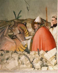 A szilveszteri élet epizódjai: I. Szent Szilveszter pápa (Silveszter vagy Silvestro) (314-335) bezárja a sárkány száját. Részlet. Maso di Banco freskója (1341-1346 körül ismert) 14. századi Firenze, Chiesa di Santa Croce, Cappella Bardi