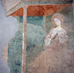 Masolino da Panicale freskója a Castiglione-i keresztelőkápolnában, az Annunciáció részlete (2)