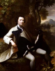 Francis Popham (†1780) erdős tájon ül agárjával (olaj, vászon)