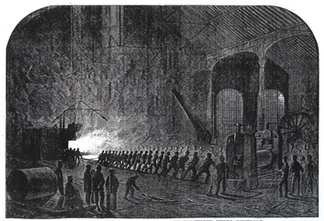 Páncéllemezek hengerlése Őfelsége hajói számára a sheffieldi Atlas Acélművekben, illusztráció a „The Illustrated London News” című lapból, 1861. szeptember 14.
