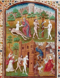 Éva születése Ádám oldalából, Ádám és Éva leszakítják a tiltott gyümölcsöt, majd kiűzetnek a Paradicsomból. Miniatúra Giovanni Boccaccio, más néven Jean Boccace (1313-1375) olasz író „Nemes férfiak és nők balsorsának esetei” (De casibus) című művéből, tra