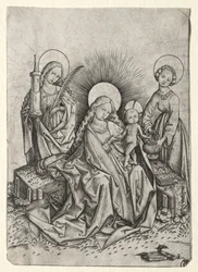 Madonna és gyermek a kertben Szent Borbála és St. Borbála között. Dorothy