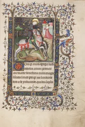 MS Widener 4 f.188r, St. George Fighting the Dragon, a Book of Hoursból, Rennes használata, 1405 körül (toll, tinta és tempera pergamen)