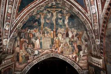 A Sacro Speco mesterének keresztrefeszítési freskója. 14. század. Felsőbbrendű templom. Szent Benedetto kolostor (Sacro Speco), Subiaco (Róma), Olaszország