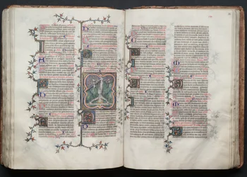 A Gotha Misekönyv: Fol. 117v, Szent Péter fejjel lefelé a keresztre kötve, c. 1375.
