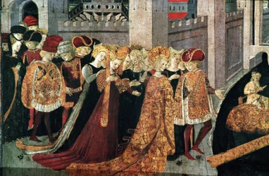 Decameron de Boccaccio (Jean Boccaccio): a Chatelain Pericone üdvözli Alatielt, Beminedab babiloni szultán lányát és lakosztályát Mallorca szigetén (Pericone da Visalgo üdvözli Beminedab, Babilon szultánjának Alatielt lányát, üdvözlettel