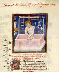 Részlet Krisztus mint a fájdalmak emberének miniatúrájáról a Krisztushoz intézett ima elején, Harley 4431, f.257, „Christine de Pisan összegyűjtött művei”