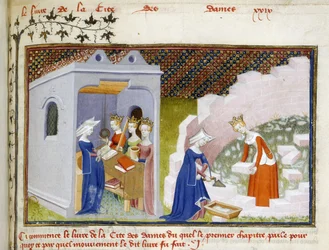 Harley 4431, f.290, Christine miniatúrájának részlete az Értelem, Igazságosság és Igazságosság megszemélyesítése előtt, valamint Christine és ésszel a Cité des Dames (vellum) építése