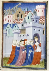 Harley 4431, f.323 Az igazságszolgáltatás belép a hölgyek városába, Christine de Pisan „Le Livre de la Cité des Dames” című művéből