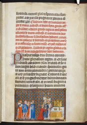 Cotton Tiberius B. VIII f. 49r A király felajánlja a kardot az oltáron, illusztráció V. Károly francia király koronázási könyvéből