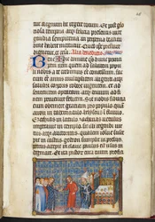 Cotton Tiberius B. VIII f.50r A király átadja a kardot a sénéchalnak (Anjou hercegének), „V. Károly francia király koronázási könyve” című műből