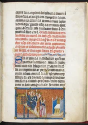 Cotton Tiberius B. VIII f.63r Franciaország pairjei a soliumon álló trónhoz vezetik a királyt, „V. Károly francia király koronázási könyvéből”