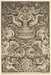 Dísztábla, közepén nagy tégely, putti és egyéb figurák, 1530-60.