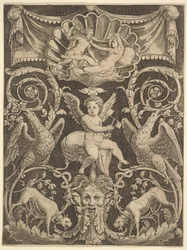 Dísztábla, közepén puttóval szélmalmot tartva, 1532.