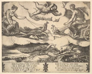 A házasság és szerelem allegóriája, balra Juno pávák vontatta kocsin, Vénusz egy ..., 1530-60