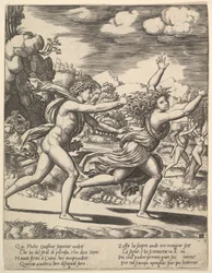 Apolló üldözi Daphnét, aki felemeli a karját, a háttérben jobbra az anyuka..., 1530-60.