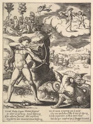 A bal oldalon álló Apolló nyíllal lő egy pitont, fent balra a múzsa..., 1530-60.