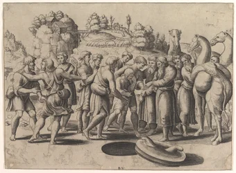 Józsefet középen egy kút fölött álló testvérei árulják, jobbra tevék, 1533.