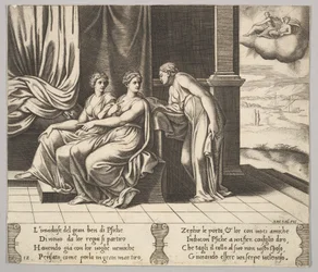 12. tábla: Psyché nővérei rábeszélik, hogy egy kígyó alszik vele, a Mese..., 1530-60-ból.