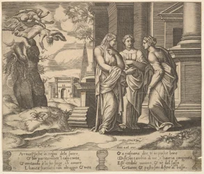 15. tábla: Psyche elmondja szerencsétlenségeit nővéreinek, a Psyche meséjéből, 1530-60.