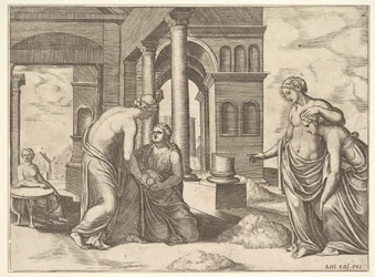 22. tábla: Vénusz megparancsolja Psychének, hogy válasszon ki egy halom gabonát, a „Psyche meséjéből”, 1530-60.