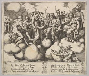 30. tábla: Vénusz és Ámor ügyüket könyörögve Jupiter és más istenek jelenlétében..., 1530-60.