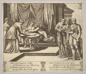 8. tábla: Asztalnál ülő psziché, akit láthatatlan szolgák kísérnek, Eros a g... mellett, 1530-60.