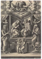 A Szűz megkoronázása, balra lent Keresztelő Szent János áll, jobbra lent..., 1530-60.