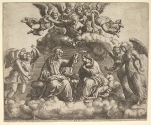 A Szűz megkoronázása, Krisztus a feje fölött tartja a koronát, az Atyaisten áldást ad..., 1532.