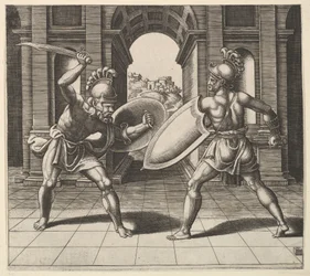 Két gladiátor harcol egy boltív előtt, 1530-60.