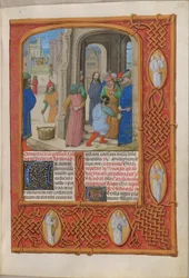 Temporale (1. rész: Advent első vasárnapjától Nagyszombatig). A zsidók azzal fenyegetőznek, hogy megkövezik Krisztust a Salamon templomban elkövetett istenkáromlásért (passióvasárnap). Angyalokat tartalmazó szegély. Két oszlopnyi szöveg.