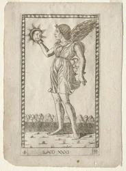 A Nap géniusza a Tarocchiból, B sorozat: Kozmikus alapelvek és erények, 31. szám, 1467 előtt.