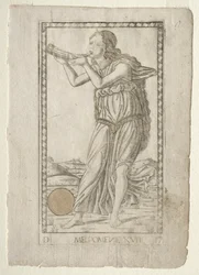 Melpomene tragédia a Tarocchi D: Apollo and the Muses című sorozatából, 17. szám, 1467 előtt.