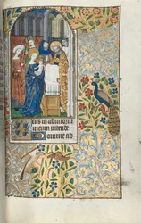 Órakönyv Rouen használata: fol. 67r, A gyermek Krisztus bemutatása a templomban, c. 1470.