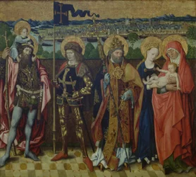 Szent Anna, a Szűz és a Gyermek, Szent Kristóf, Szent Gereon és Szent Péter egy tájban, Köln és a Hét domb bemutatásával, 1460-80 körül (tölgy)
