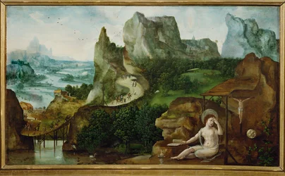 Tájkép bűnbánó Szent Mária Magdalénával (festmény, vászon)