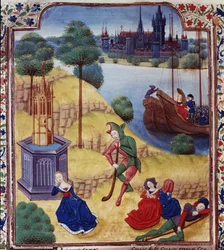 Add hozzá a 35322 fol.227v Ephigenia and Cimone-t, Giovanni Boccaccio (1313-75) „Decameron”, 1475 körül (vellum)