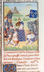 Harley 4380 fol.196v VI. Károly francia király (1366-1422) egy expedíciót vezet Calais ellen Jean Froissart (kb. 1333-1404) „Froissart krónikái” IV. kötetének 2. részéből (vellum)