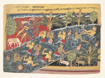 A gópik könyörögnek Krisnához, hogy adják vissza ruhájukat: Folio az Isarda Bhagavata..., kb. 1560-65
