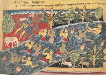 A gópik könyörögnek Krsnához, hogy adják vissza ruhájukat..., kb. 1560-65.