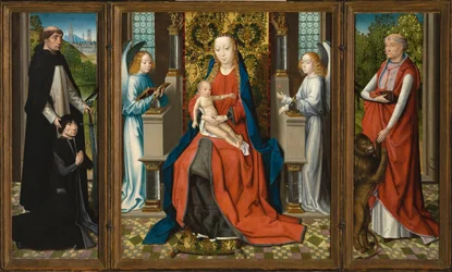 Triptichon: Madonna és gyermeke angyalokkal; az adományozó és védőszentje, Szent Péter mártír; és Szent Jeromos.