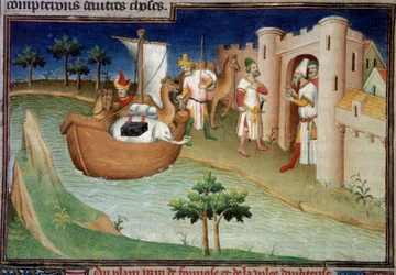 A Polo fivérek (köztük Marco Polo is) egy teherhajóval érkeznek Ormuzba Indiából. Miniatűr a „” A csodák könyvében”” („” Devisement du monde”, „” Il Milione”) (Ms. 2810, Folio 14v). A kéziratot a Mazarin mestere engedélyezte