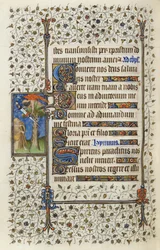 Ms 62 f.132v Szárnyas figura fa tetején, karddal átlyukasztott könyvvel, Guillaume de Deguilleville 1350, 1417-es „Szentlélek órái” című művéből (tinta és aranylevél pergamenen)